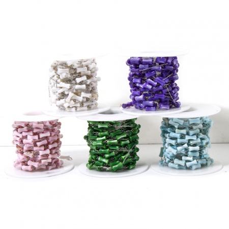 304 Stainless Steel & Natural Shell Beaded Chain For Handmade DIY Jewelry Making Findings Bamboo-shaped Silver Tone 4mm