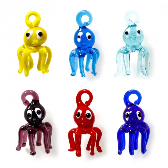 Picture of 1 Piece Lampwork Glass Ocean Jewelry Pendants Multicolor Octopus 3D 4cm x 2.2cm