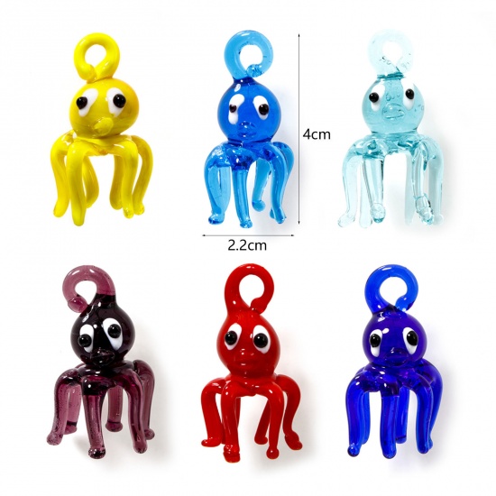 Picture of 1 Piece Lampwork Glass Ocean Jewelry Pendants Multicolor Octopus 3D 4cm x 2.2cm