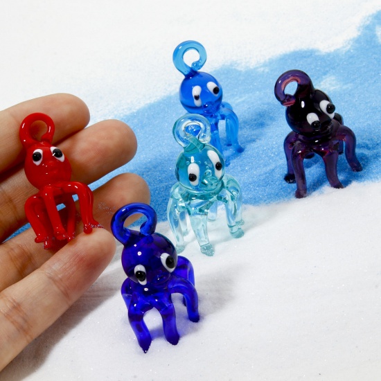 Picture of 1 Piece Lampwork Glass Ocean Jewelry Pendants Multicolor Octopus 3D 4cm x 2.2cm