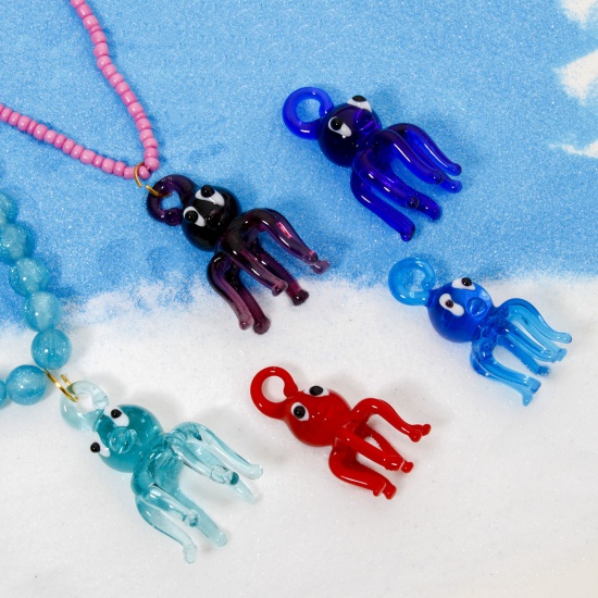 Picture of 1 Piece Lampwork Glass Ocean Jewelry Pendants Multicolor Octopus 3D 4cm x 2.2cm