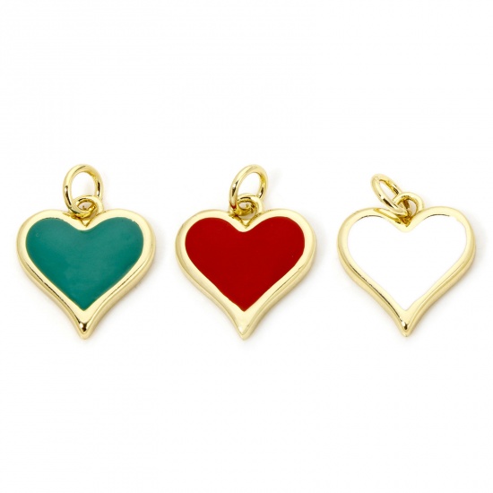 Picture of Eco-friendly Brass Valentine's Day Charms 18K Real Gold Plated Heart Enamel 17.5mm x 13mm