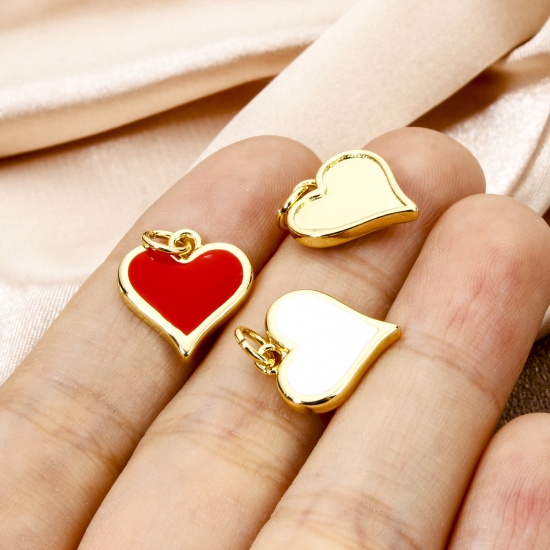 Picture of Eco-friendly Brass Valentine's Day Charms 18K Real Gold Plated Heart Enamel 17.5mm x 13mm