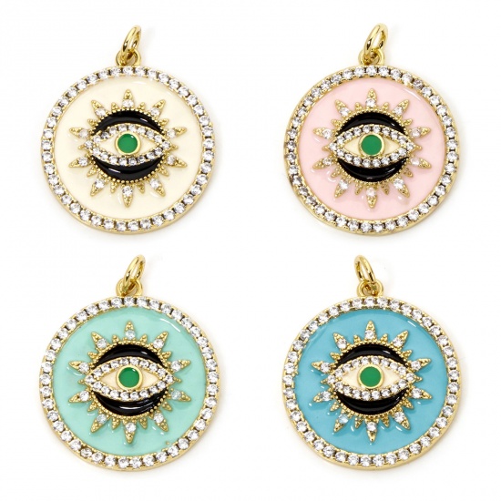 Imagen de 1 Unidad Respetuoso del Medio Ambiente Latón Religión Colgantes Ronda 18K Oro Real Chapado Multicolor Ojo de la Providencia/Ojo que Todo lo Ve Esmalte Claro Circón Artificial 26mm x 21mm