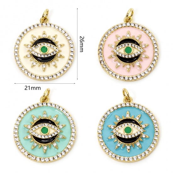 Imagen de 1 Unidad Respetuoso del Medio Ambiente Latón Religión Colgantes Ronda 18K Oro Real Chapado Multicolor Ojo de la Providencia/Ojo que Todo lo Ve Esmalte Claro Circón Artificial 26mm x 21mm