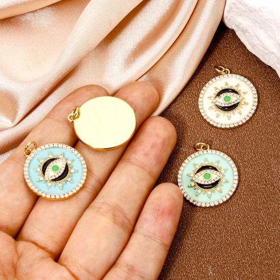 Imagen de 1 Unidad Respetuoso del Medio Ambiente Latón Religión Colgantes Ronda 18K Oro Real Chapado Multicolor Ojo de la Providencia/Ojo que Todo lo Ve Esmalte Claro Circón Artificial 26mm x 21mm