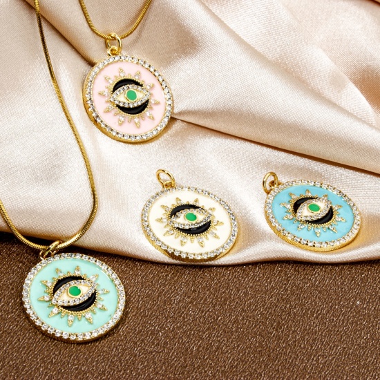 Imagen de 1 Unidad Respetuoso del Medio Ambiente Latón Religión Colgantes Ronda 18K Oro Real Chapado Multicolor Ojo de la Providencia/Ojo que Todo lo Ve Esmalte Claro Circón Artificial 26mm x 21mm
