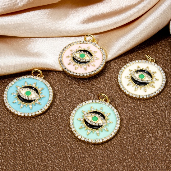 Imagen de 1 Unidad Respetuoso del Medio Ambiente Latón Religión Colgantes Ronda 18K Oro Real Chapado Multicolor Ojo de la Providencia/Ojo que Todo lo Ve Esmalte Claro Circón Artificial 26mm x 21mm