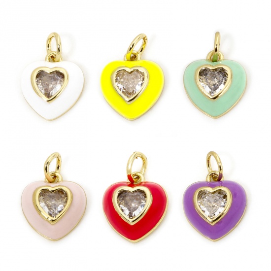 Image de 1 Pièce Breloques La Saint Valentin en Laiton Respectueux de la Nature Cœur Plaqué Or Véritable 18K Multicolore Émail à Zircone Cubique Clair 15mm x 10.5mm