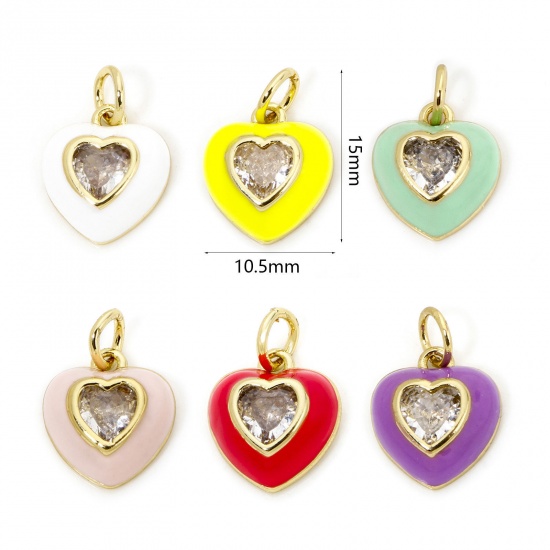 Image de 1 Pièce Breloques La Saint Valentin en Laiton Respectueux de la Nature Cœur Plaqué Or Véritable 18K Multicolore Émail à Zircone Cubique Clair 15mm x 10.5mm