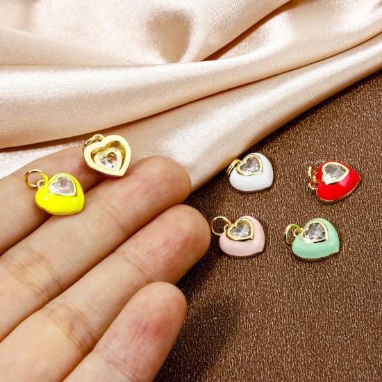 Image de 1 Pièce Breloques La Saint Valentin en Laiton Respectueux de la Nature Cœur Plaqué Or Véritable 18K Multicolore Émail à Zircone Cubique Clair 15mm x 10.5mm