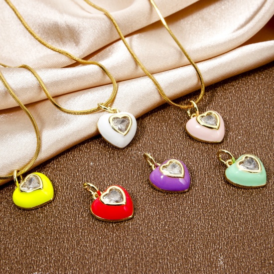 Image de 1 Pièce Breloques La Saint Valentin en Laiton Respectueux de la Nature Cœur Plaqué Or Véritable 18K Multicolore Émail à Zircone Cubique Clair 15mm x 10.5mm
