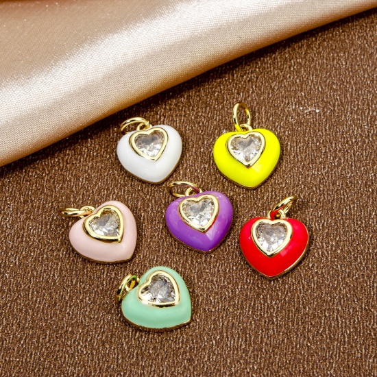 Image de 1 Pièce Breloques La Saint Valentin en Laiton Respectueux de la Nature Cœur Plaqué Or Véritable 18K Multicolore Émail à Zircone Cubique Clair 15mm x 10.5mm
