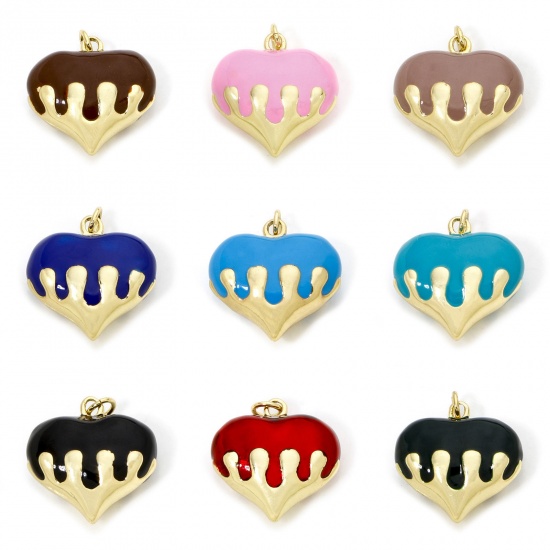 Immagine di 1 Pz Ecologico Ottone San Valentino Ciondoli Cuore 18K Vero Oro Placcato Multicolore Smalto 24mm x 20mm