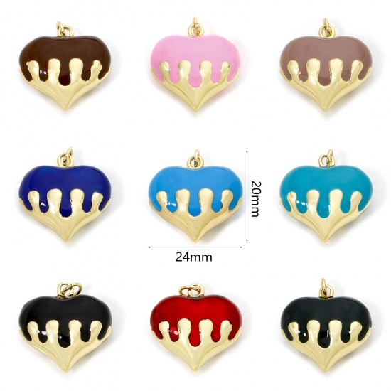Immagine di 1 Pz Ecologico Ottone San Valentino Ciondoli Cuore 18K Vero Oro Placcato Multicolore Smalto 24mm x 20mm