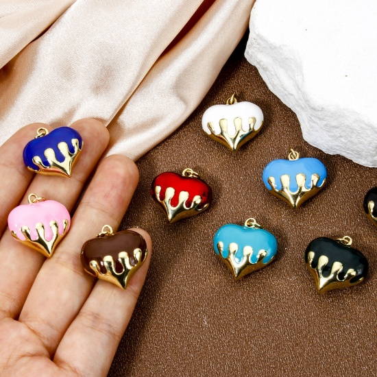 Immagine di 1 Pz Ecologico Ottone San Valentino Ciondoli Cuore 18K Vero Oro Placcato Multicolore Smalto 24mm x 20mm