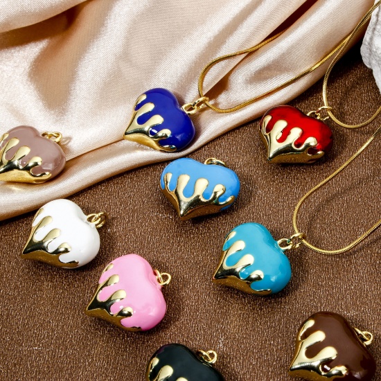 Immagine di 1 Pz Ecologico Ottone San Valentino Ciondoli Cuore 18K Vero Oro Placcato Multicolore Smalto 24mm x 20mm