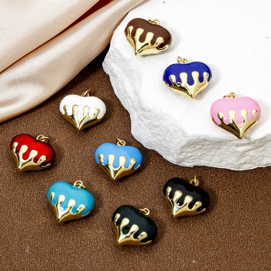 Immagine di 1 Pz Ecologico Ottone San Valentino Ciondoli Cuore 18K Vero Oro Placcato Multicolore Smalto 24mm x 20mm