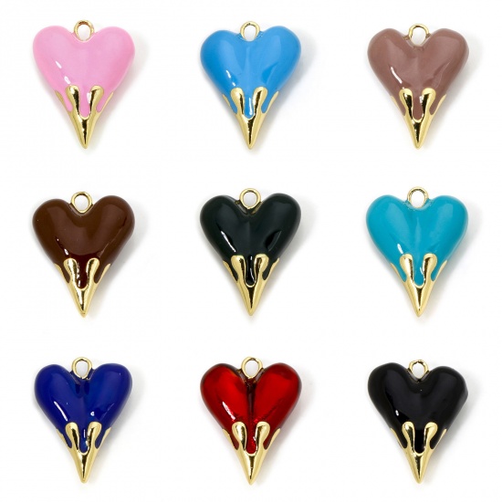 Immagine di 1 Pz Ecologico Ottone San Valentino Ciondoli Cuore 18K Vero Oro Placcato Smalto 25mm x 20mm