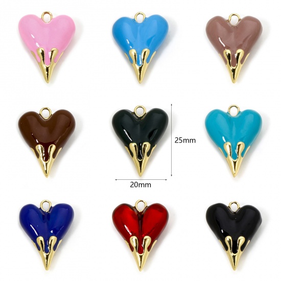 Immagine di 1 Pz Ecologico Ottone San Valentino Ciondoli Cuore 18K Vero Oro Placcato Smalto 25mm x 20mm