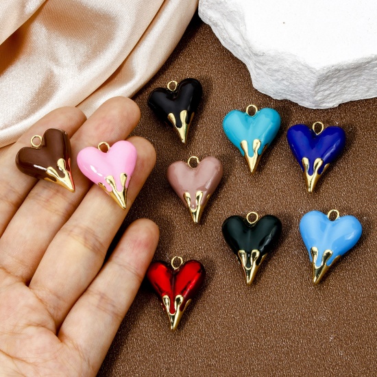 Immagine di 1 Pz Ecologico Ottone San Valentino Ciondoli Cuore 18K Vero Oro Placcato Smalto 25mm x 20mm
