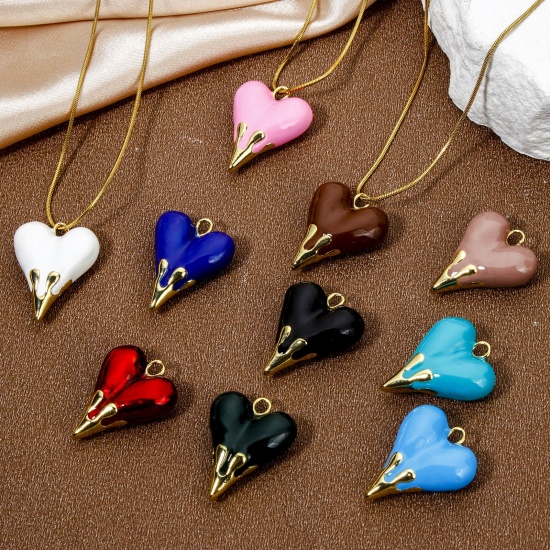 Immagine di 1 Pz Ecologico Ottone San Valentino Ciondoli Cuore 18K Vero Oro Placcato Smalto 25mm x 20mm