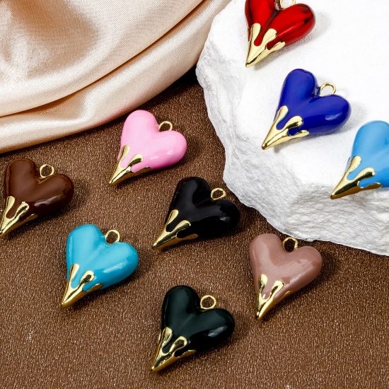 Immagine di 1 Pz Ecologico Ottone San Valentino Ciondoli Cuore 18K Vero Oro Placcato Smalto 25mm x 20mm