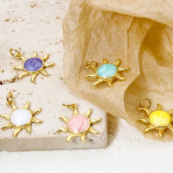 Immagine di 1 Piece Eco-friendly Brass Galaxy Charms 18K Real Gold Plated Multicolor Pearlized Sun Enamel 23mm x 17mm