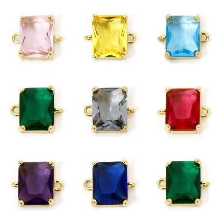 Eco-friendly Brass & Glass Connectors Charms Pendants Rectangle 18K Real Gold Plated Multicolor Rhinestone 12mm x 10.5mm