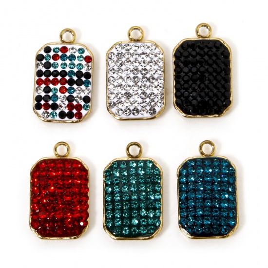 Image de 5 Pcs Breloques en 304 Acier Inoxydable Placage Sous Vide Écologique Géométrique Octogone Plaqué Or Véritable 18K à Strass Coloré 17mm x 10mm