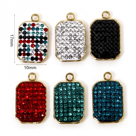Image de 5 Pcs Breloques en 304 Acier Inoxydable Placage Sous Vide Écologique Géométrique Octogone Plaqué Or Véritable 18K à Strass Coloré 17mm x 10mm