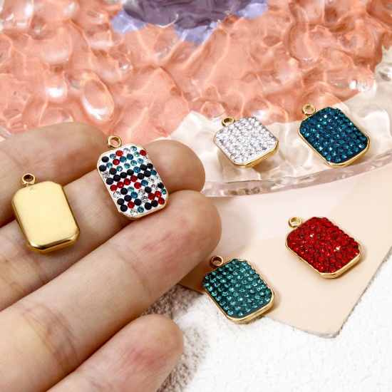Image de 5 Pcs Breloques en 304 Acier Inoxydable Placage Sous Vide Écologique Géométrique Octogone Plaqué Or Véritable 18K à Strass Coloré 17mm x 10mm