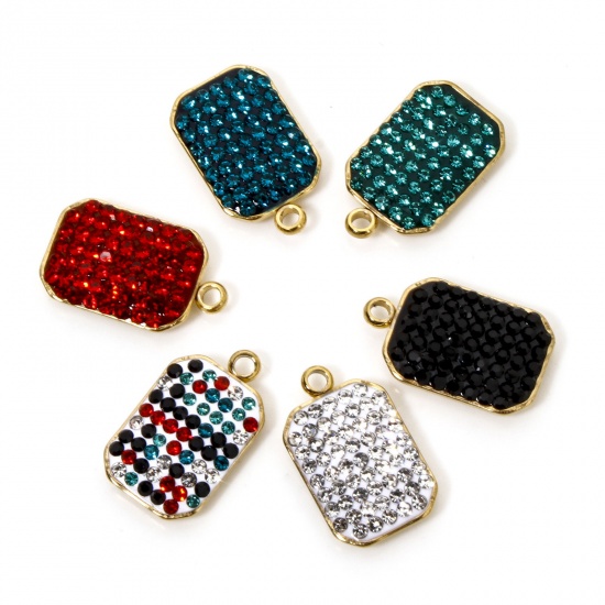 Image de 5 Pcs Breloques en 304 Acier Inoxydable Placage Sous Vide Écologique Géométrique Octogone Plaqué Or Véritable 18K à Strass Coloré 17mm x 10mm