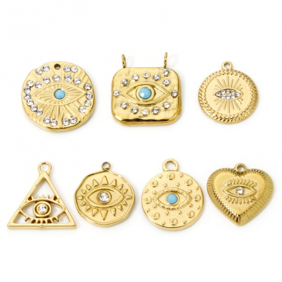 Picture of Eco-friendly Vacuum Plating 304 Stainless Steel Religious Charms Gold Plated Heart Eye Clear Rhinestone