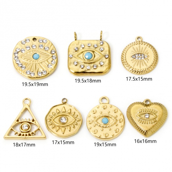 Picture of Eco-friendly Vacuum Plating 304 Stainless Steel Religious Charms Gold Plated Heart Eye Clear Rhinestone