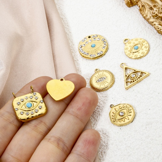 Picture of Eco-friendly Vacuum Plating 304 Stainless Steel Religious Charms Gold Plated Heart Eye Clear Rhinestone