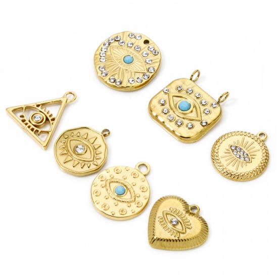 Picture of Eco-friendly Vacuum Plating 304 Stainless Steel Religious Charms Gold Plated Heart Eye Clear Rhinestone