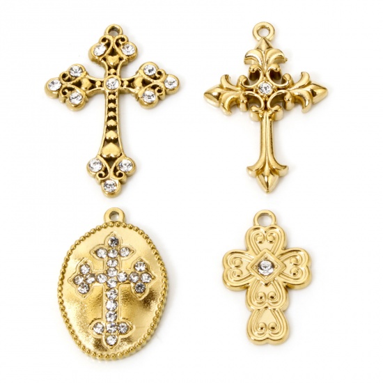 Picture of Eco-friendly Vacuum Plating 304 Stainless Steel Religious Charms Gold Plated Cross Clear Rhinestone
