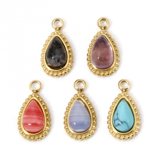 Immagine di 1 Pz Placcatura Sottovuoto Ecologica 304 Acciaio Inossidabile Ciondoli Goccia 14K Vero Oro Placcato Con Cabochon di Gemma Sintetica 12mm x 6mm