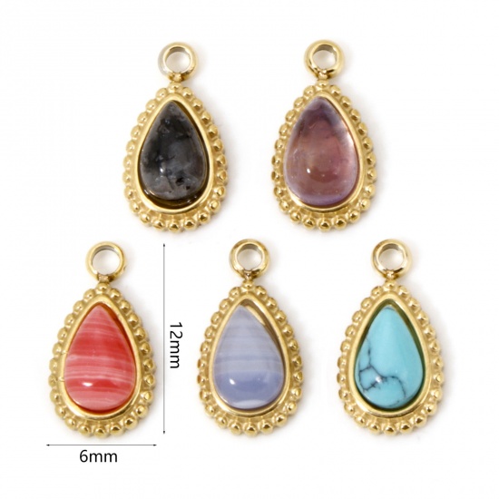 Immagine di 1 Pz Placcatura Sottovuoto Ecologica 304 Acciaio Inossidabile Ciondoli Goccia 14K Vero Oro Placcato Con Cabochon di Gemma Sintetica 12mm x 6mm
