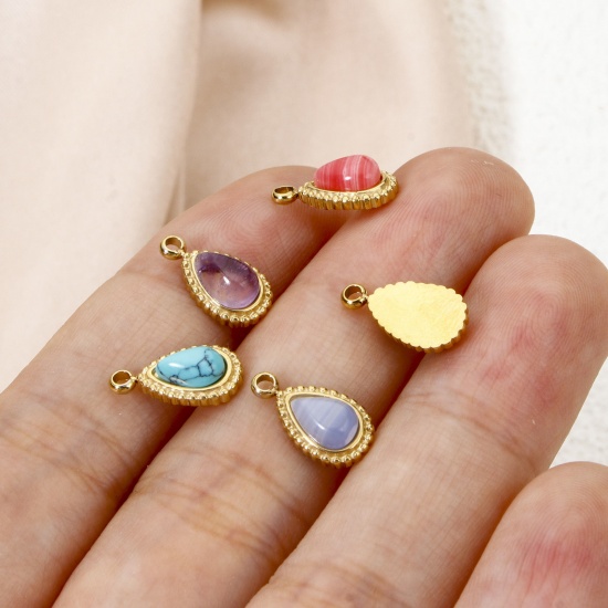 Immagine di 1 Pz Placcatura Sottovuoto Ecologica 304 Acciaio Inossidabile Ciondoli Goccia 14K Vero Oro Placcato Con Cabochon di Gemma Sintetica 12mm x 6mm