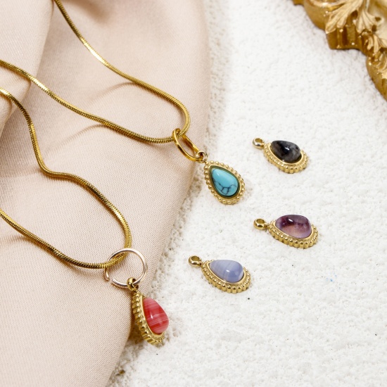 Immagine di 1 Pz Placcatura Sottovuoto Ecologica 304 Acciaio Inossidabile Ciondoli Goccia 14K Vero Oro Placcato Con Cabochon di Gemma Sintetica 12mm x 6mm