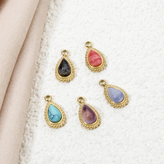Immagine di 1 Pz Placcatura Sottovuoto Ecologica 304 Acciaio Inossidabile Ciondoli Goccia 14K Vero Oro Placcato Con Cabochon di Gemma Sintetica 12mm x 6mm