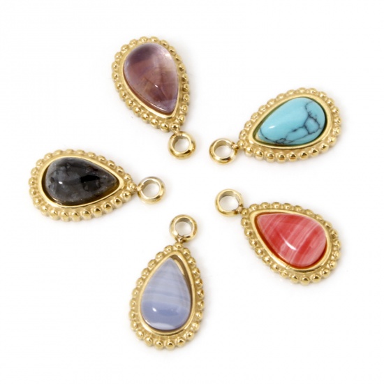 Immagine di 1 Pz Placcatura Sottovuoto Ecologica 304 Acciaio Inossidabile Ciondoli Goccia 14K Vero Oro Placcato Con Cabochon di Gemma Sintetica 12mm x 6mm