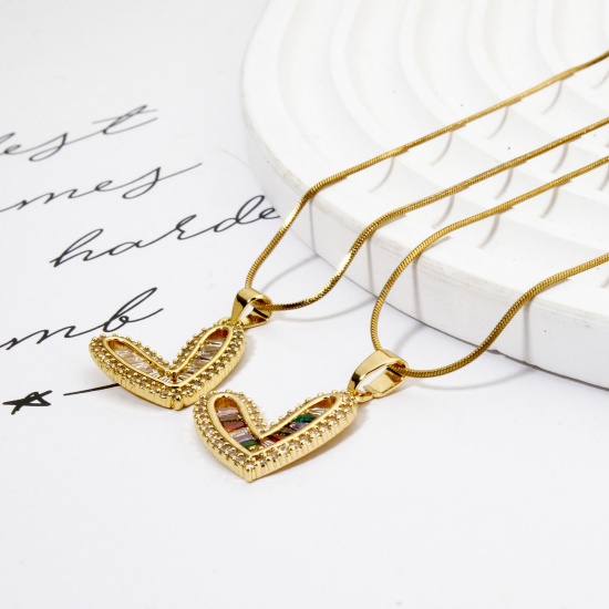 Picture of Eco-friendly Brass Valentine's Day Charm Pendant 18K Real Gold Plated Heart Micro Pave 25mm x 19.5mm