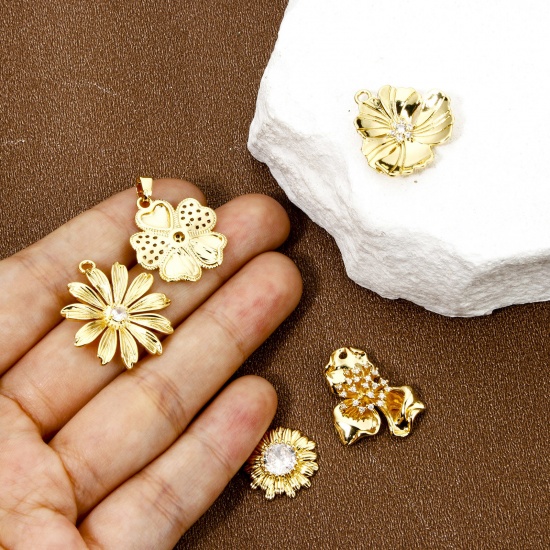 Imagen de 1 Unidad Respetuoso del Medio Ambiente Latón Colgantes Flor 18K Oro Real Chapado 3D