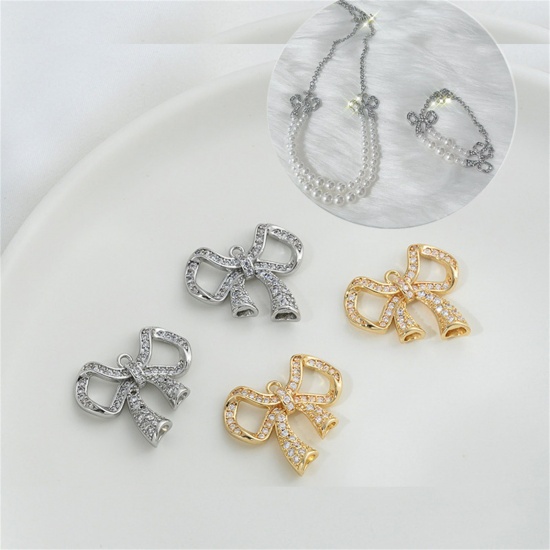 Picture of Eco-friendly Brass Clothes Connectors Charms Pendants Bowknot Real Gold Plated Micro Pave Clear Cubic Zirconia 22mm x 19mm