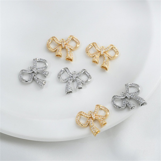 Picture of Eco-friendly Brass Clothes Connectors Charms Pendants Bowknot Real Gold Plated Micro Pave Clear Cubic Zirconia 22mm x 19mm