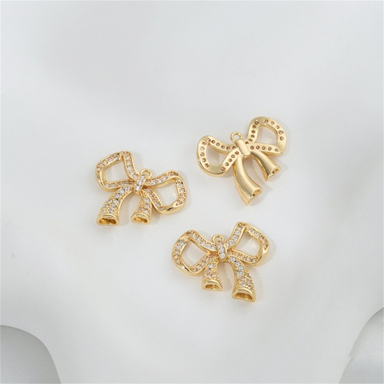 Picture of Eco-friendly Brass Clothes Connectors Charms Pendants Bowknot Real Gold Plated Micro Pave Clear Cubic Zirconia 22mm x 19mm