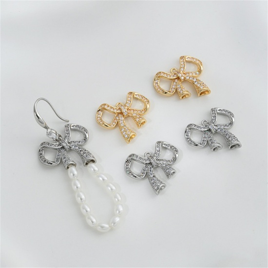 Picture of Eco-friendly Brass Clothes Connectors Charms Pendants Bowknot Real Gold Plated Micro Pave Clear Cubic Zirconia 22mm x 19mm